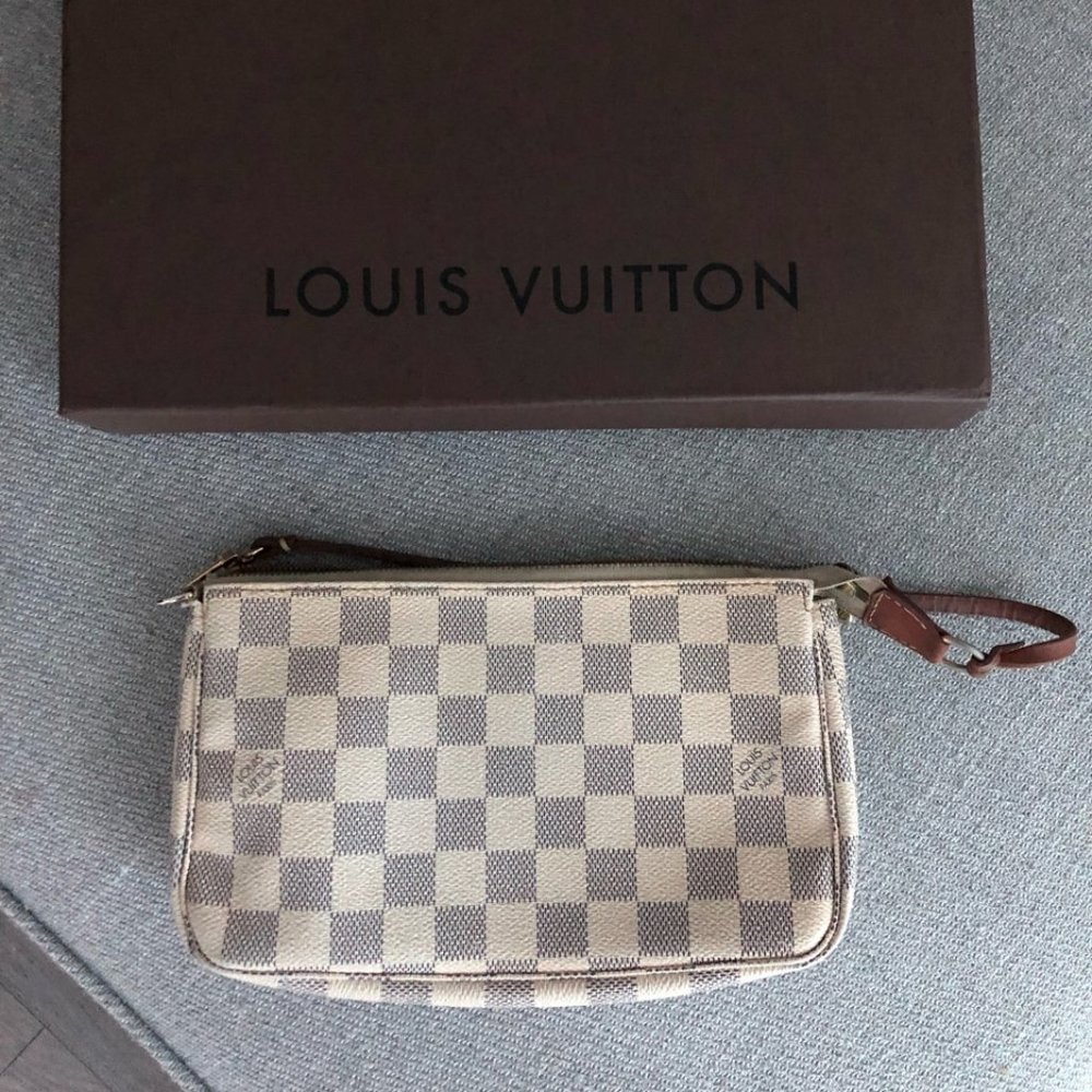 Louis Vuitton Pochette Accessories NM Damier Azur Handbag Purse with Dustbag Box